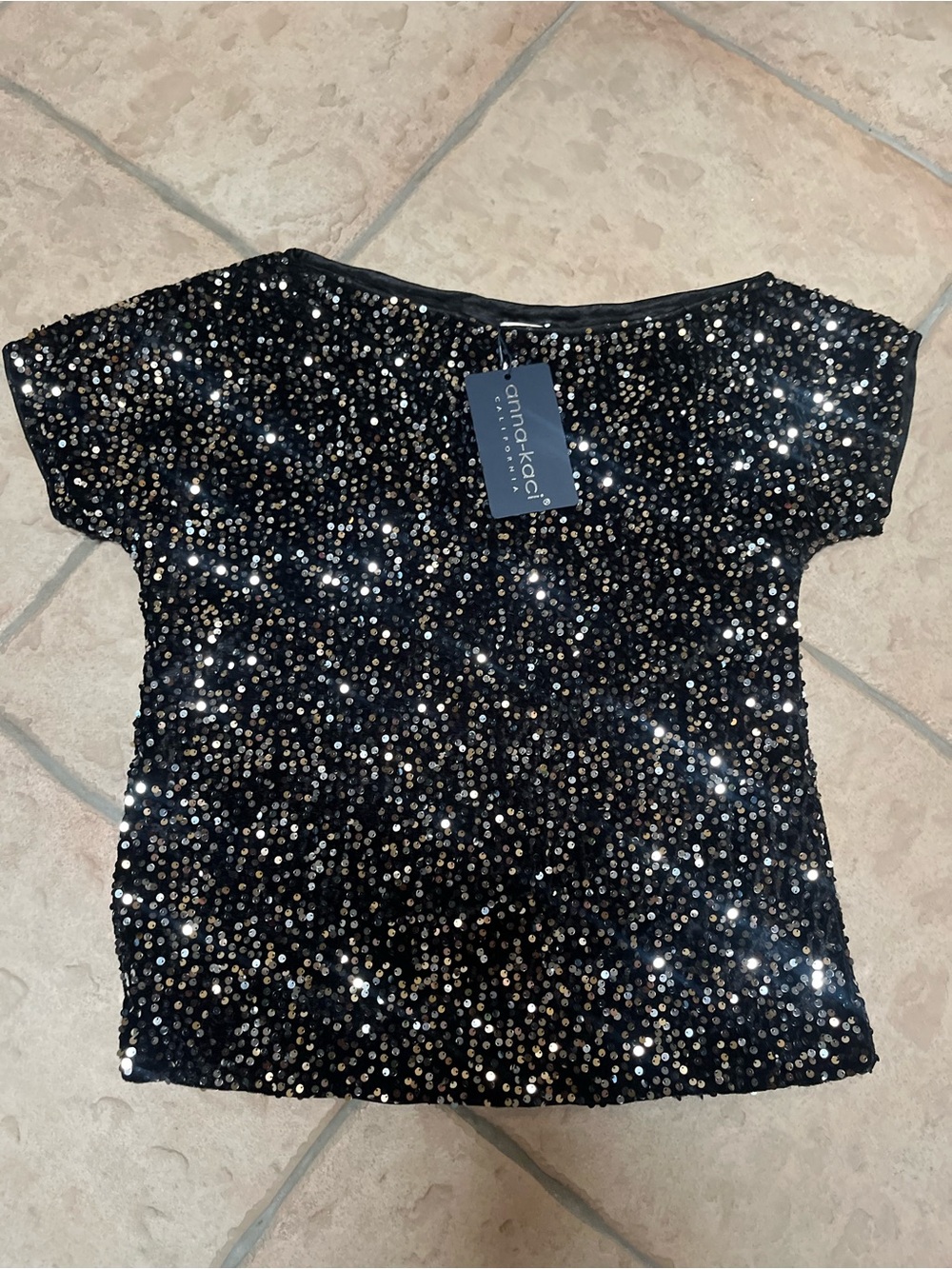Anna-Kaci Women’s Black Short Sleeve Sequin Tee with Metallic Accents